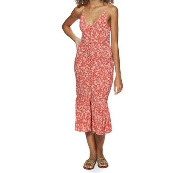 Roxy Women Sz Small Seaside State Strappy Dress Poppy Red Floral - Picture 10 of 10